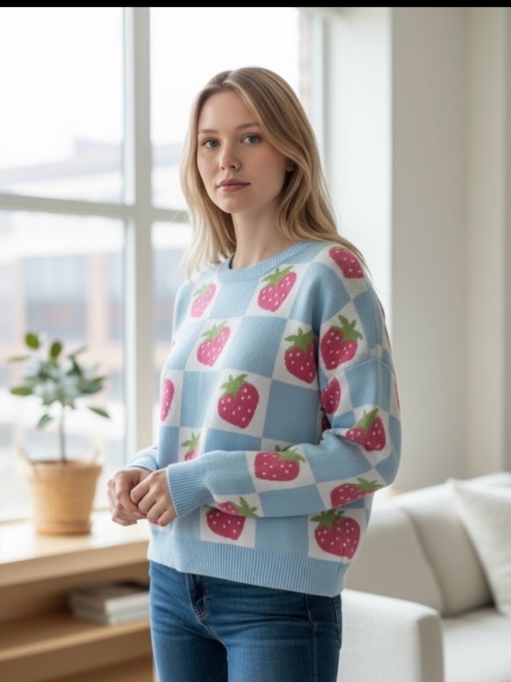 Luna Ivy Anthropologie Strawberry Blue Checker Crew Neck Pullover Sweater XS